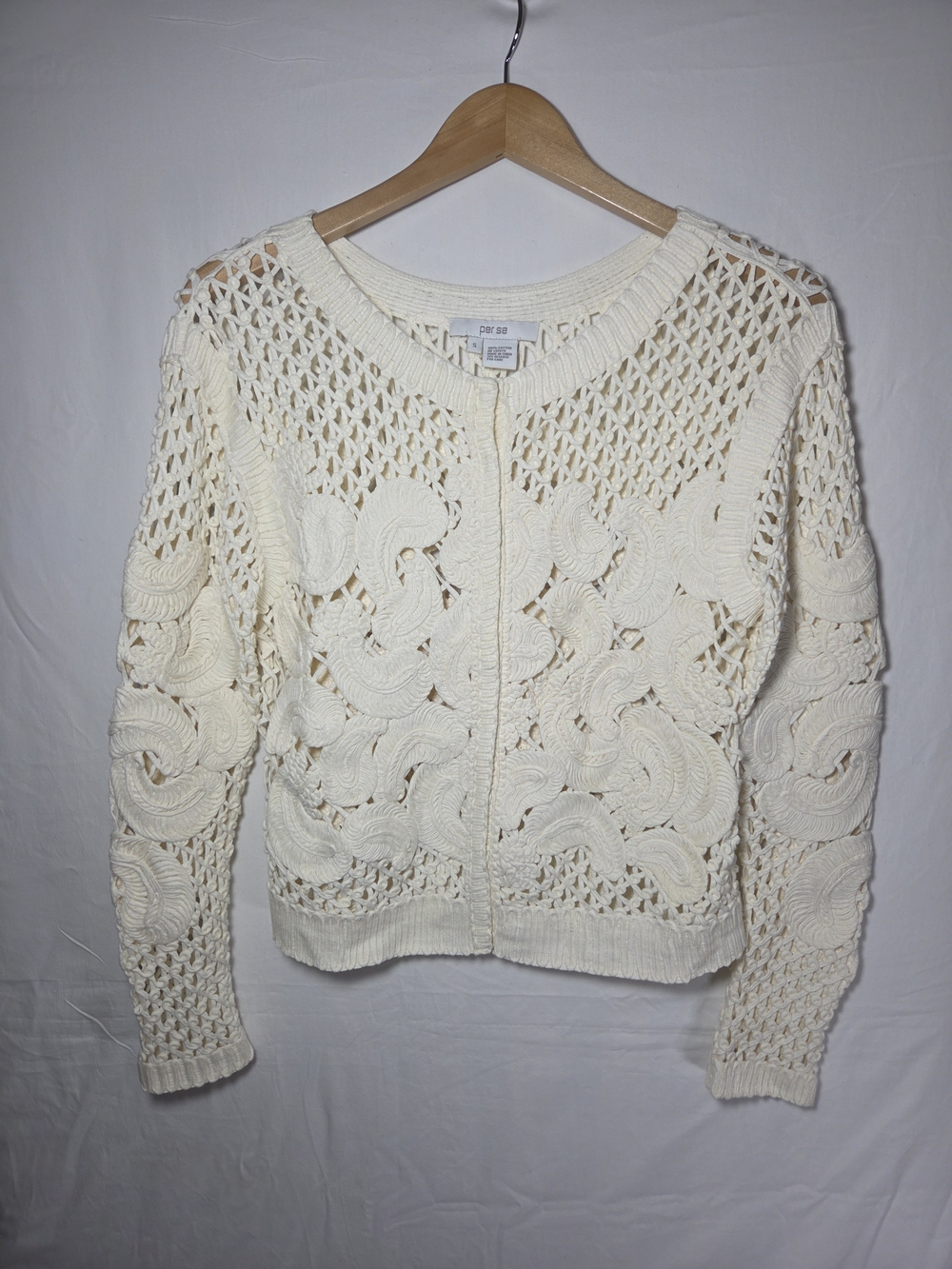 Open Knit Crochet Crewneck Sweater Cardigan - Cream